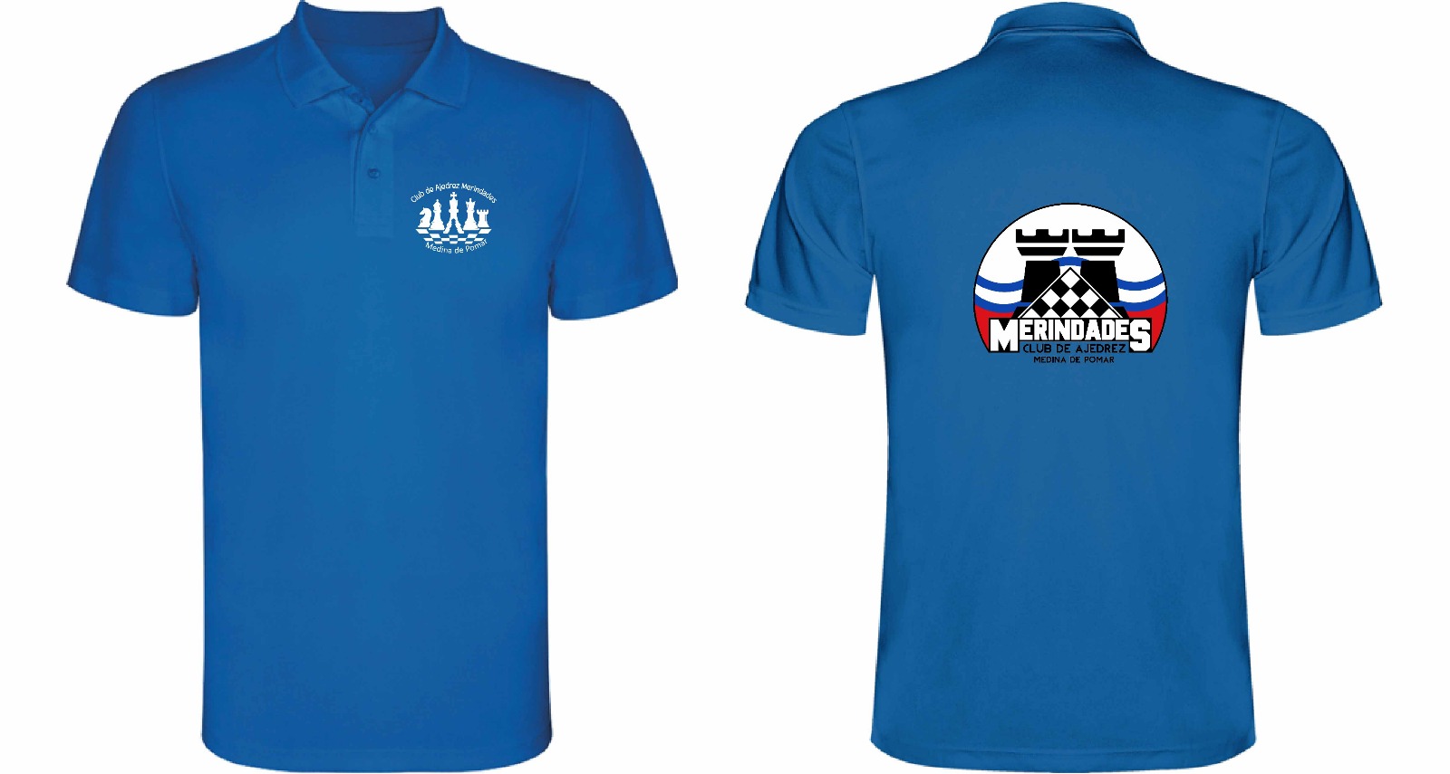 Polo oficial azul del Club Ajedrez Merindades, delante y detrás